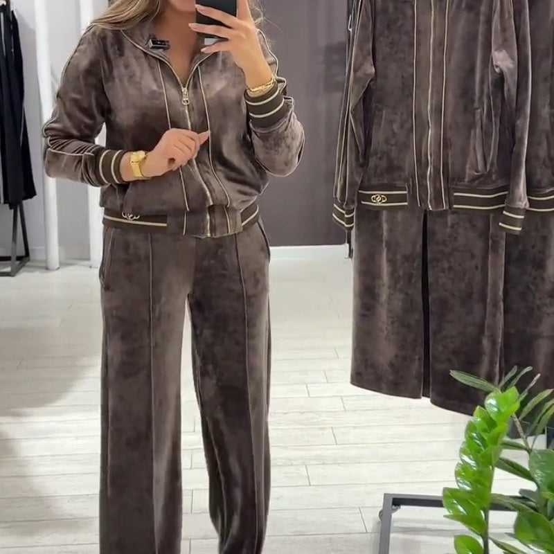 Completo Da Donna In Velluto 2 Pezzi - Giacca Corta Con Zip E Pantaloni A Gamba Larga, Con Tasca, Nero, Taglie XS-XL - 6