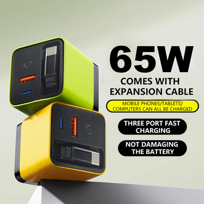 ✨⚡ Caricabatterie GaN 3 in 1, caricabatterie rapido da 65 W per smartphone con cavo Type-C e 2 porte USB