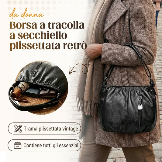 Borsa a tracolla per borsa in morbida pelle con secchiello pieghettato casual alla moda