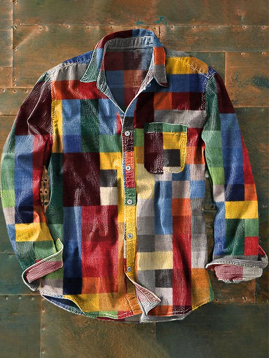 Unisex Semplice Arcobaleno Colore Plaid Vintage Stampato Risvolto Manica Lunga Tasca Shirt