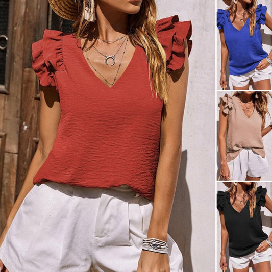 Top stretch senza maniche con scollo a V e volant