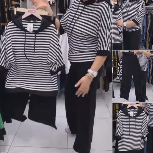 💥CALDO SALE 2025💥Set donna top a righe e pantaloni tinta unita