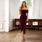 Elegante abito lungo con spalle scoperte e ruches da donn