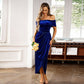 Elegante abito lungo con spalle scoperte e ruches da donn