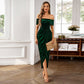 Elegante abito lungo con spalle scoperte e ruches da donn