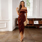 Elegante abito lungo con spalle scoperte e ruches da donn