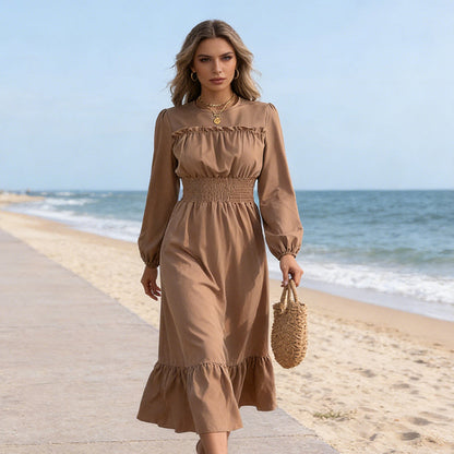 👗Nuovo arrivo - 50% di sconto!🥰Abito lungo da donna con volant e arricciature a maniche lunghe