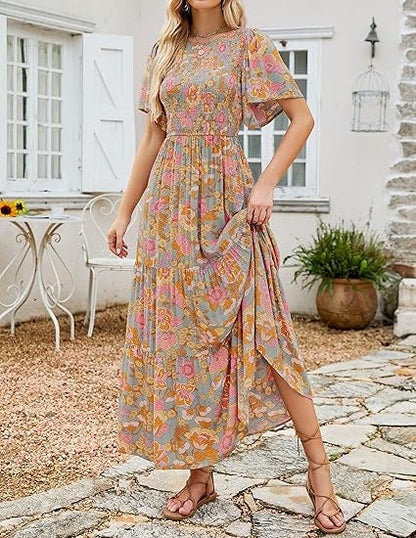Abito lungo da donna casual con stampa floreale e maniche corte svolazzanti