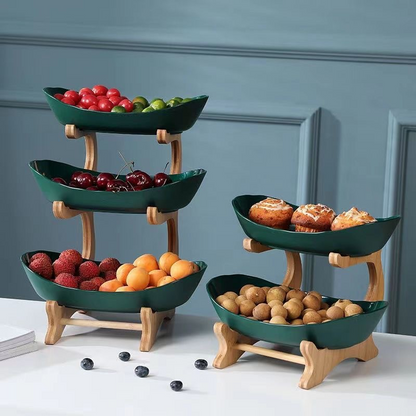 Fruttiera a tre ripiani con base in legno