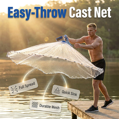 🎣🌊 Rete da Lancio Easy-Throw in Monofilamento di Nylon – Piombini Metallici, Cinturino da Polso, Ø300cm o 360cm – Per Laghi, Fiumi & Zone Costiere ✨🐟