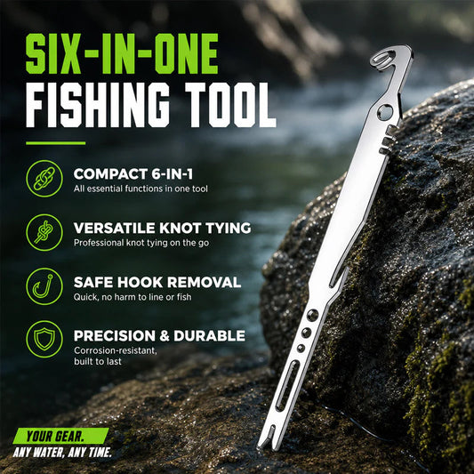 🎣 SCONTO DEL 50%! 🔧 Set di attrezzi da pesca in acciaio inossidabile 6 in 1 – Estrattore di ami, attrezzo per fare nodi e molto altro – Robusto e compatto, adatto a qualsiasi attrezzatura da pesca 🌊
