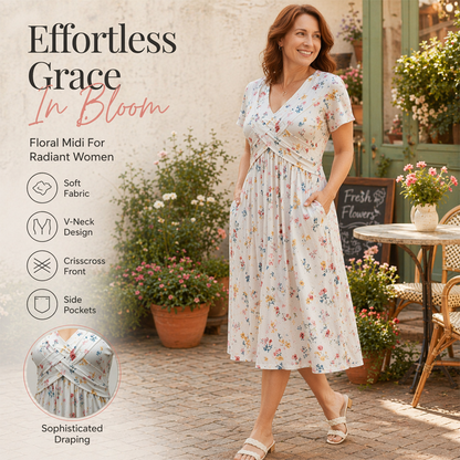 🌸 Abito con Scollo a V e Motivo Floreale con Twist in Vita – Elegante e Casual per Ogni Occasione