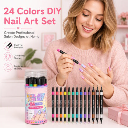 Set Penne per Nail Art a Doppia Punta 💅 | 24 Colori Vibranti 🎨 | Tratti Precisi e Riempimento Fluido ✨ | Ideale per Manicure Fai da Te 💖