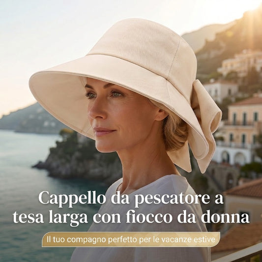 Cappello da donna con fiocco e tesa larga per proteggersi dal sole